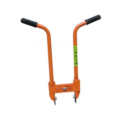 Orange metal Belle block paving lifter tool with long handles and safety stickers on