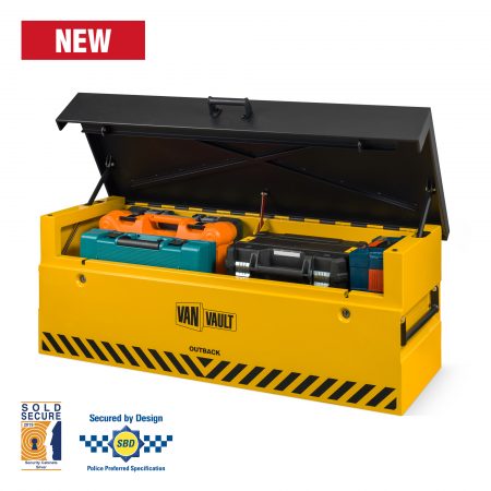 Front view image of van vault outback with lid open and full with tools