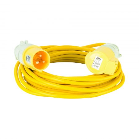 Yellow Defender 10M 1.5mm 16A arctic grade 110V extension lead cable with Defender plug and coupler, on a white background