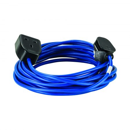 Blue Defender 10M 1.5mm 13A arctic grade 230V extension lead cable with Defender plug and coupler, on a white background