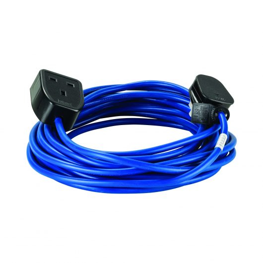 Blue Defender 10M 1.5mm 13A arctic grade 230V extension lead cable with Defender plug and coupler, on a white background