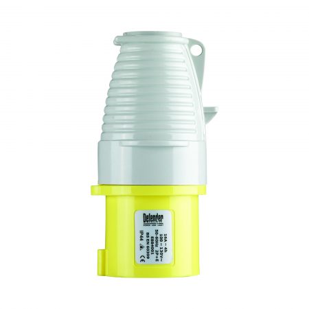 Yellow and white Defender 16A 110V plug with ergonomic design and Defender label, on a white background