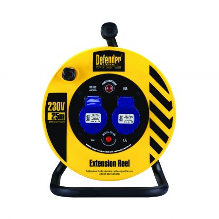 Black and yellow Defender 25M 230V industrial extension reel with steel A frame, neon power light and 2 16A power outlets