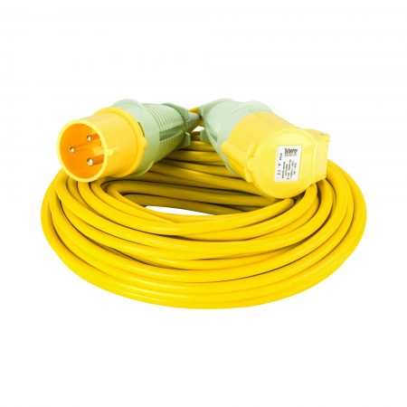 Yellow Defender 25M 2.5mm 32A arctic grade 110V extension lead cable with Defender plug and coupler, on a white background