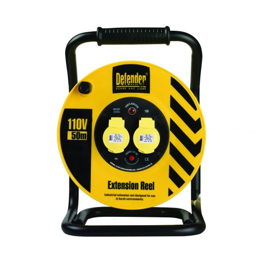 Black and yellow Defender 50M industrial extension reel with steel A frame, neon power light and 2 16A power outlets
