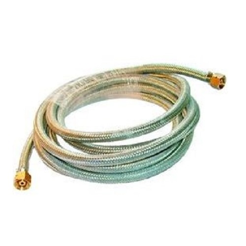 5M roll of armoured gas hose including fittings on a white background