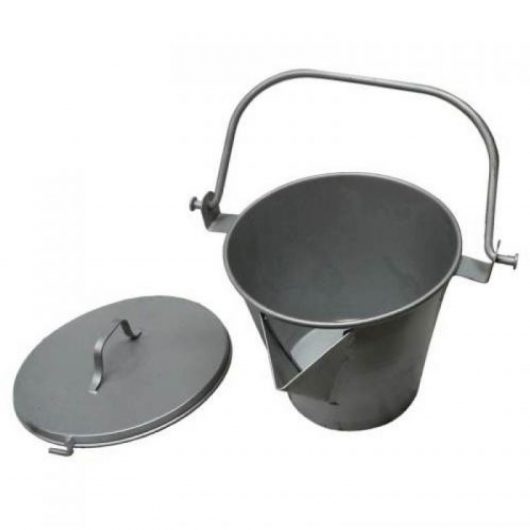 Steel bucket with 'V' pouring lip, handle and lid for use with asphalt on a white background