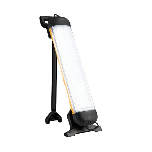 Defender DC4000 LED contractor light with rubber casing, steel stand and carry handle, on a white background