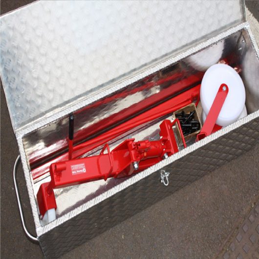 Mustang alloy storage box with the hydraulic manhole cover lifter and interchangeable keys inside