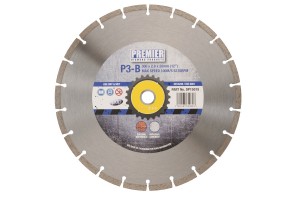 230 x 2.6 x 7 x 22.2mm P3B diamond blade 230 with blue and grey Premier branded label in the centre