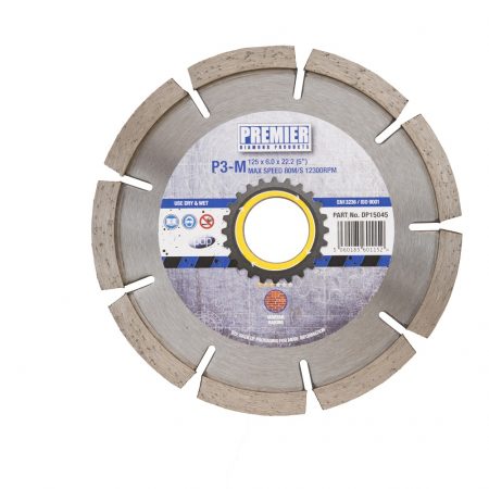 125 x 6.0 x 7 x 22.2mm P3M diamond blade 125 with blue and grey Premier branded label in the centre