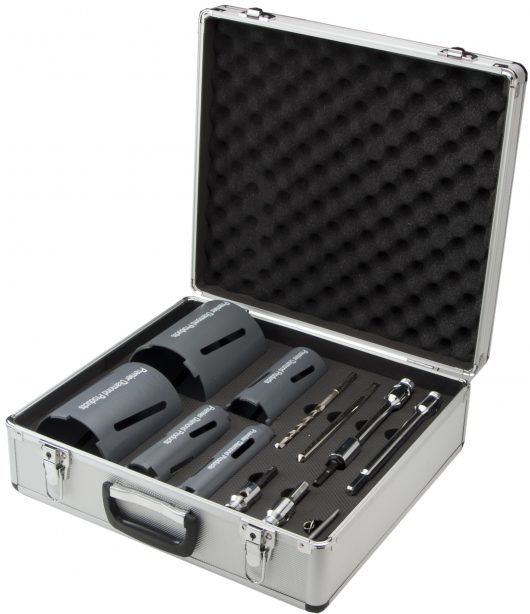 P4DC dry diamond core kit with a variety of different sized cores and attachments in a foam filled protective suitcase