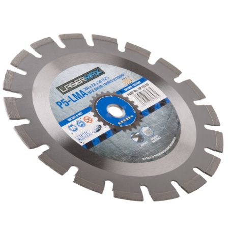 450 x 3.6 x 10 x 25.4mm circular P5-LMA lasermax 450 blade with blue and grey Lasermax branded label in the centre