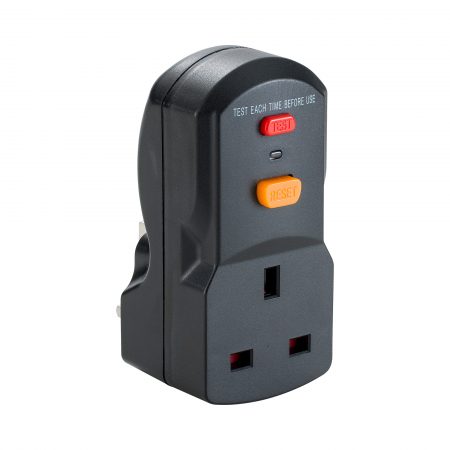 Black plastic Defender 13A RCD plug and socket adaptor with red test button and orange reset button, on a white background