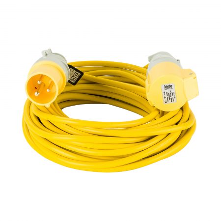 Yellow Defender 14M 2.5mm 16A arctic grade 110V extension lead cable with Defender plug and coupler, on a white background