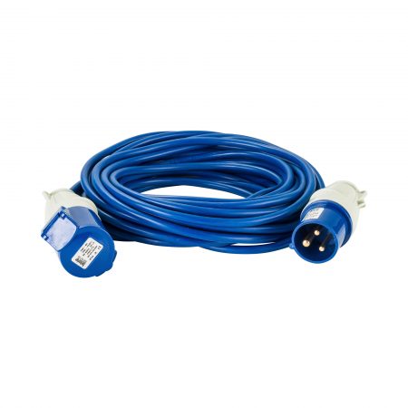 Blue Defender 14M 1.5mm 16A arctic grade 230V extension lead cable with Defender plug and coupler, on a white background