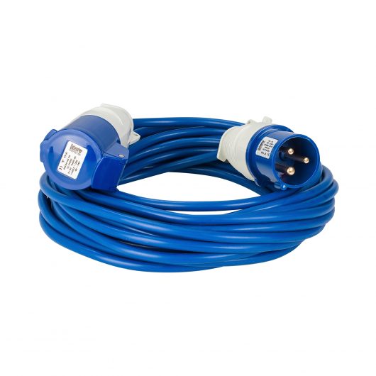 Blue Defender 14M 2.5mm 16A arctic grade 230V extension lead cable with Defender plug and coupler, on a white background