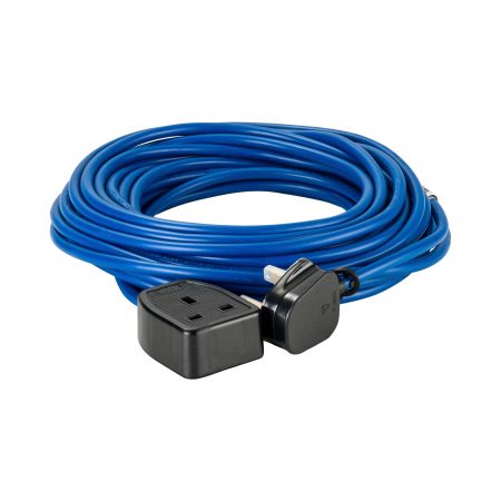 Blue Defender 14M 1.5mm 13A arctic grade 230V extension lead cable with Defender plug and coupler, on a white background