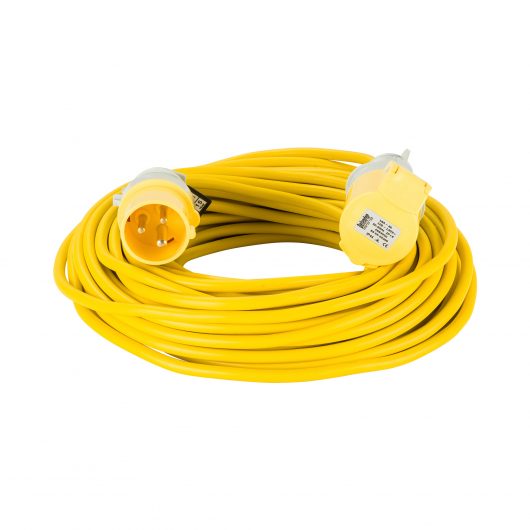 Yellow Defender 25M 1.5mm 16A arctic grade 110V extension lead cable with Defender plug and coupler, on a white background