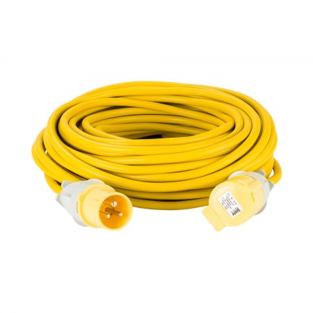 Yellow Defender 25M 2.5mm 16A arctic grade 110V extension lead cable with Defender plug and coupler, on a white background
