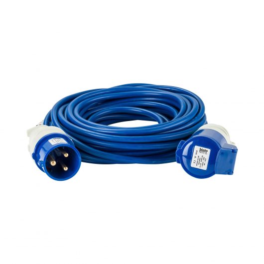 Blue Defender 14M 2.5mm 32A arctic grade 230V extension lead cable with Defender plug and coupler, on a white background