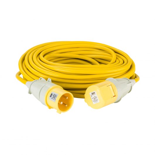 Yellow Defender 25M 4mm 32A arctic grade 110V extension lead cable with Defender plug and coupler, on a white background