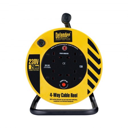 Defender black and yellow 20M 4-way cable reel with steel frame, 4 power outlets, neon power indicator and Defender branding