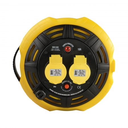 Black and yellow Defender 15M 2-way cassette reel with 2 16A power outlets, power indicator light and integrated carry handle