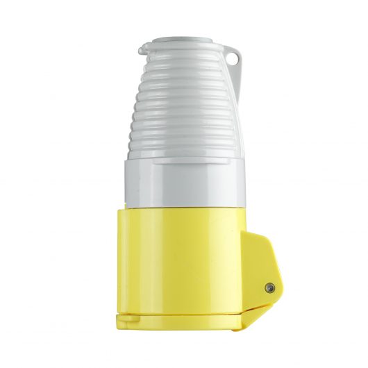 Yellow and white Defender 16A 110V coupler with ergonomic design, on a white background