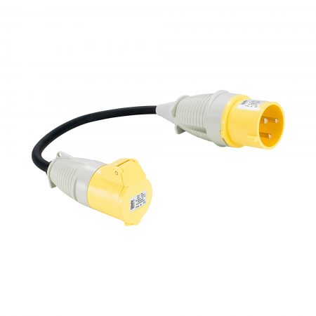 Yellow and grey Defender fly lead with 32A plug, 16A spring hinged socket and 30cm of cable, on a white background