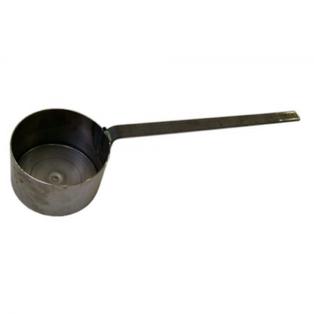Galvanised steel tar ladle with long handle on a white background