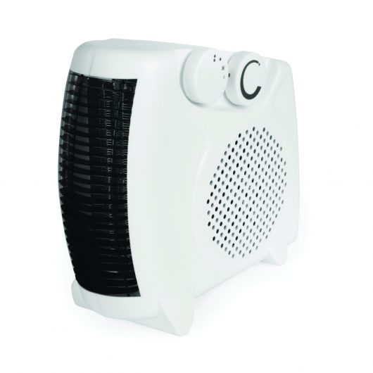 White injection moulded Rhino fan heater standing vertically, on a white background