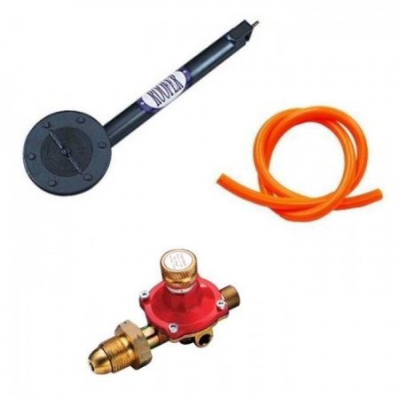 Asphalt burner kit including large asphalt burner, orange hose and red and gold metal gas regulator