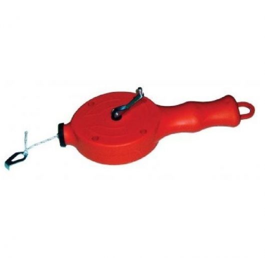30m Longo chalk line reel with red outer casing and rubber hook for storage on a white background