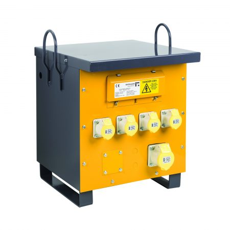 Side view of yellow and grey steel Defender air cooled site transformer with 4 x 16A & 1 x 32A power outlets and carry handles