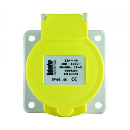 Defender 32A panel socket 110V with yellow protective lid with information label on and ergonomic design, on a white background