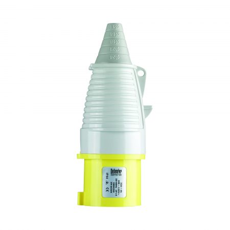 Yellow, white and grey Defender 32A 110V plug with conical ergonomic design and Defender label, on a white background