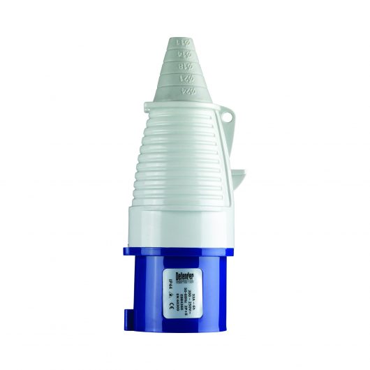 Blue, white and grey Defender 32A 230V plug with conical ergonomic design and Defender label, on a white background