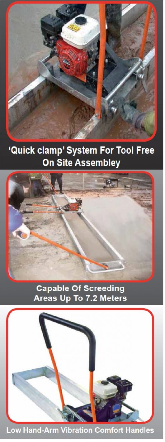 Information sheet showing quick clamp system, beam length and low hand-arm vibration handle features of the Belle Porto Screed