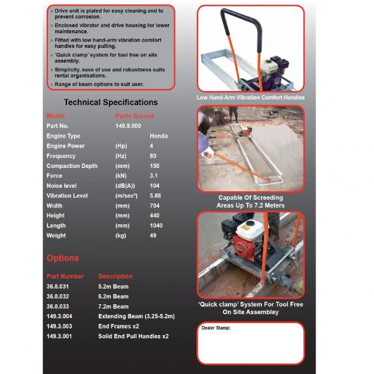 Technical specifications information sheet for Belle Porto Screed and porto screed beams