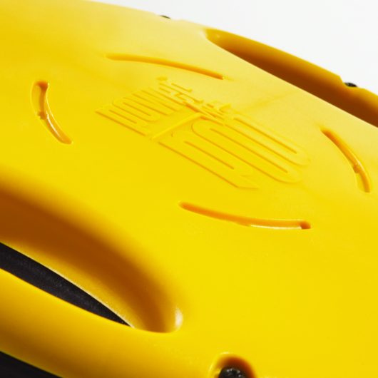 Close up of the Defender Power Pod branding embossed on the top of the Defender power pod transformer