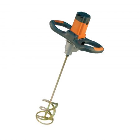 Belle Promix 1600 hand stirrer mixer with ergonomic orange and black handles and 2 blade helical 160mm paddle