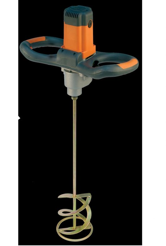 Belle Promix 1600 hand stirrer mixer with ergonomic orange and black handles and 2 blade helical 160mm paddle