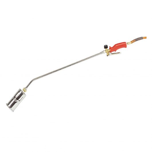 Propane butane gas torch with 600mm shaft, 60mm head and red handle on a white background