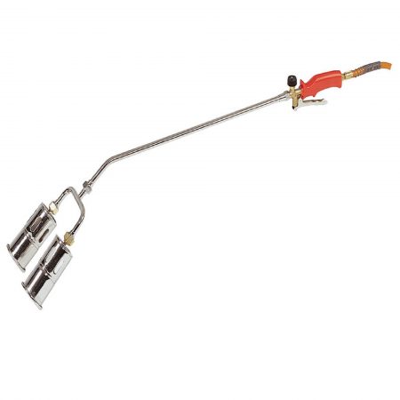 Twin head propane butane gas torch with 600mm shaft, 60mm heads and red handle on a white background