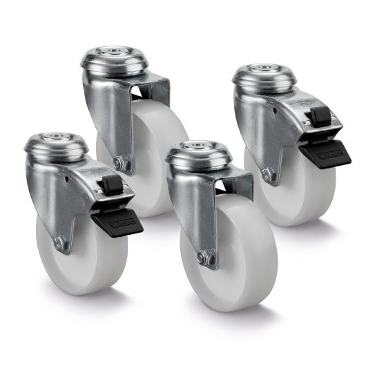 4 Van Vault castors with plated steel chassis, press breaks and nylon wheels on a white background