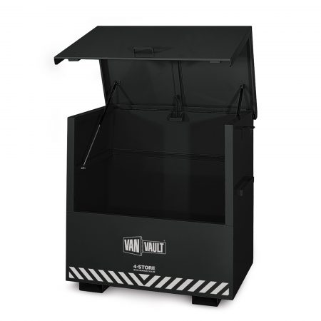 Black steel Van Vault 4-store tool storage cabinet with split piano hinge and white Van Vault branding
