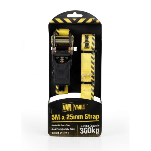 Yellow 5.0Mx25mm polyester webbing ratchet strap with black plastic coated J hooks from Van Vault, in black and yellow packaging