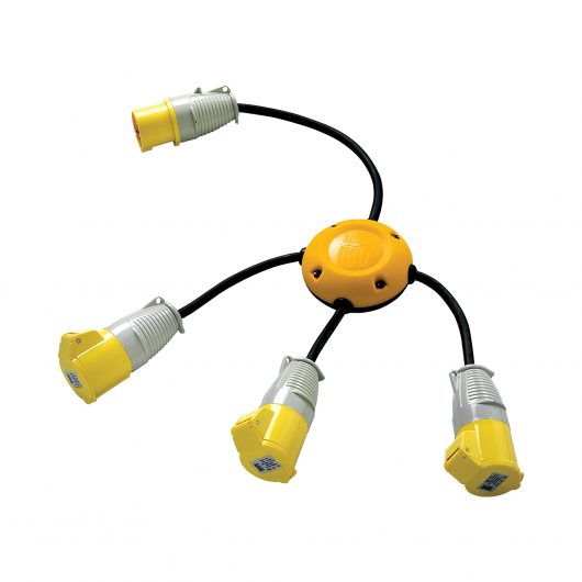 Yellow nylon plastic Defender spider pod power splitter with 3 power outlets on a white background