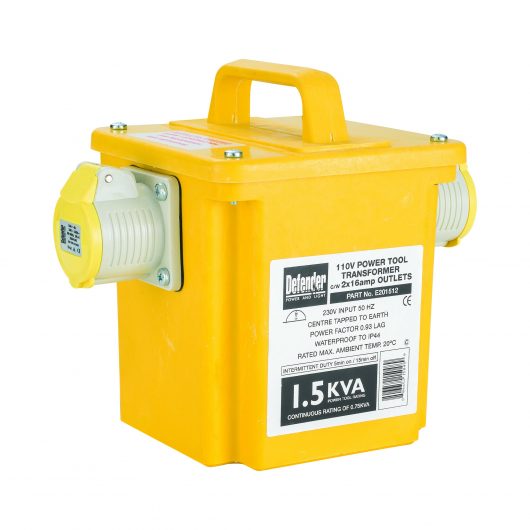 Diagonal view of yellow Defender 1.5kVA transformer with 2 x 16A outlets, carry handle and Defender branded information label